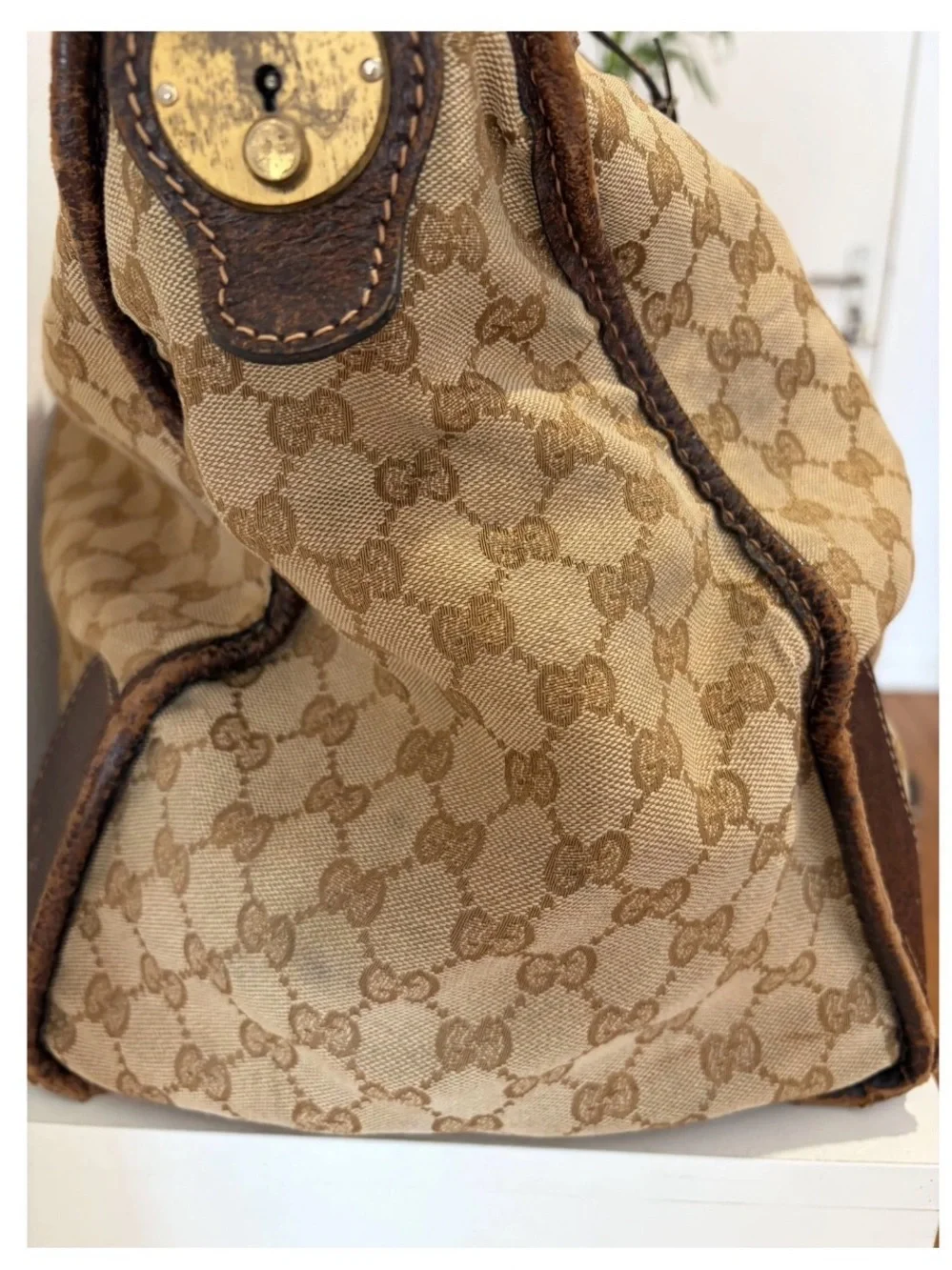 Gucci Beige Monogram Canvas Duffel with Brown Leather Trim